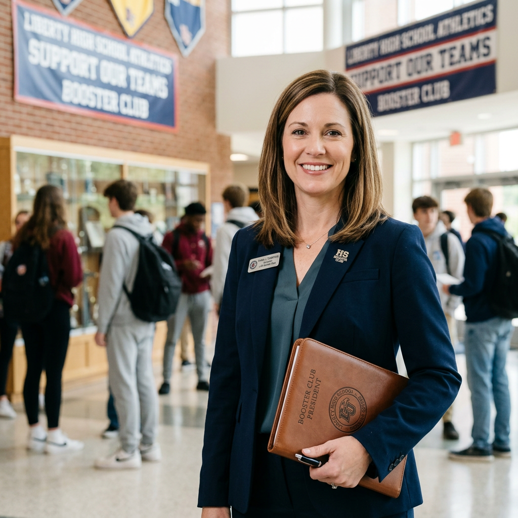 Booster club president holding folder standing in school hallway with students